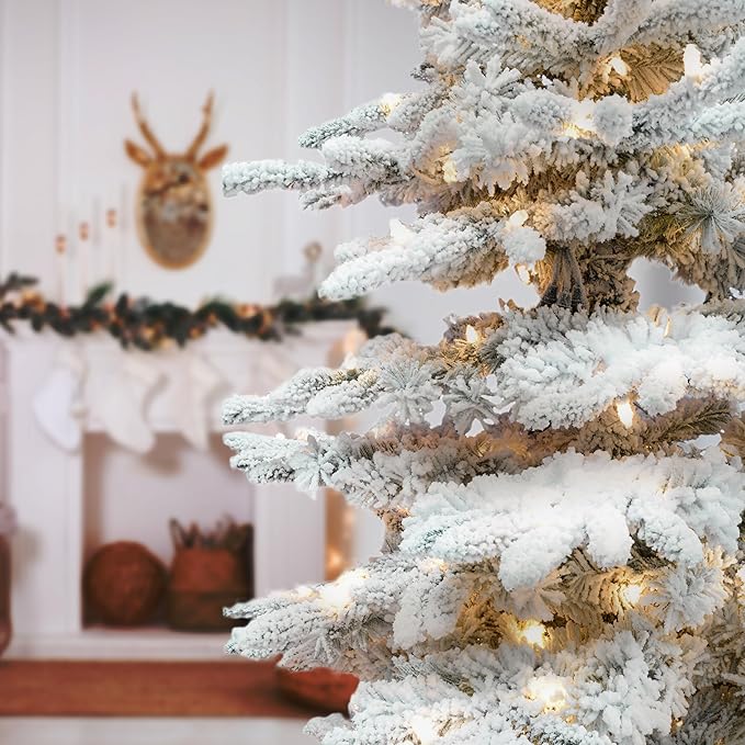 Fraser Hill Farm 10-Ft. Pine Valley Flocked Artificial Christmas Tree with Warm White LED Lights and Stand, Prelit Foldable Fake Tree with Realistic Snowy Foliage for Home Decoration