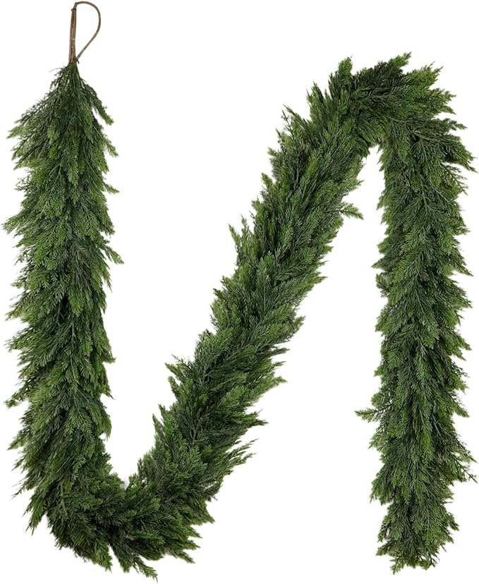 9FT Artificial Christmas Cedar Garland, Realistic Soft and Thick Touch Greenery Cedar Pine Garlands for Mantle Table Fireplace Door Stairs Holiday Christmas Decorations Outdoor Indoor(1pcs)