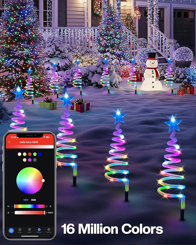 8 Pack Smart Christmas Pathway Lights Outdoor APP Control, Multicolor Connectable Spiral Tree Lights with RGB DIY, Music, Timer, Waterproof LED Christmas Outdoor Decorations for Pathway, Yard,Walkway
