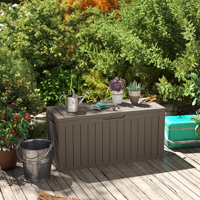 75 Gallon Deck Box, Resin Outdoor Indoor Waterproof Storage Box, Lockable Storage Box With Handle for Patio Furniture - Garden Tools - Swimming Pool Tools UV-Resistant, Brown