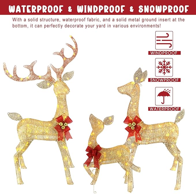 4ft Outdoor Christmas Reindeer Decor Set of 3 with 240 Warm White LEDs, Durable Metal Frame, Weatherproof Plush Fabric for Christmas Home Yard Garden Lawn Decorations, Easy Assembly, Gold