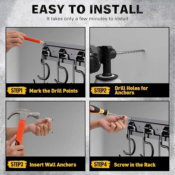 ELEAD 68'' All Metal Adjustable Garden Tool Organizer: Garage Tool Organizer Wall Mount with Black Hooks, Garage Organizers and Storage, Tool Hangers for Shed