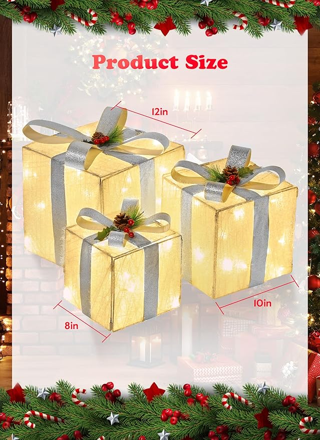Set of 3 Christmas Decorations Lighted Gift Boxes, 12in 10in 8in with 60 Pre-Lit Mini String Lights，Foldable LED Xmas Gift Boxes with Bows for Tree Indoor Outdoor Holiday Party Yard Home Decor