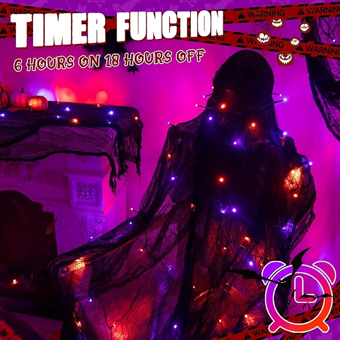 Ollny Halloween Lights Outdoor, 300 LED 100FT Orange and Purple Halloween Decorations with 8 Modes Timer, Plug in String Lights for Indoor Outside House Yard Party