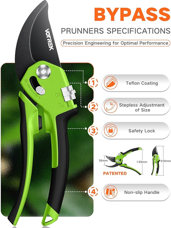 Pruning Shears for Gardening - 8.5" Garden Clippers with Stepless Adjustable Handle for All Hand, Ergonomic Bypass Plant Pruners Scissors for Heavy Duty Branch Bush Rose Tool