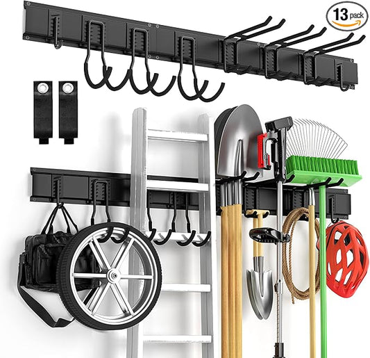 Garage Tool Organizer Wall Mount 13 PCS, Yard Garden Tool Organizer, Adjustable Tool Storage Rack with 8 Heavy Duty Hooks, Max Load 500lbs Garage Organization