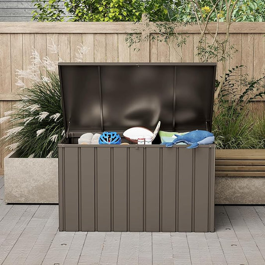 Domi Deck Box 160 Gallon, Waterproof Lockable Steel Outdoor Storage Container for Outside Cushions, Garden Tools and Pools Equipment, Brown