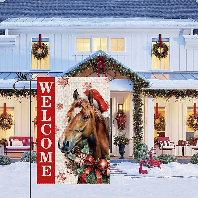 Christmas Garden Flag Welcome Xmas Horse Winter Holiday Decorations Burlap Vertical Double Sided Farmhouse Yard Lawn Outdoor Decor 12.5 x 18 Inch