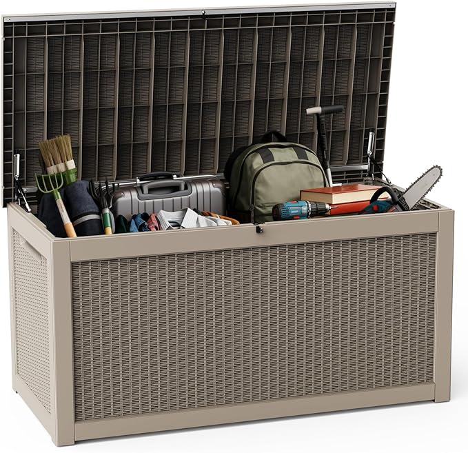 DRATO 260 Gallon Deck Box, Outdoor Large Waterproof Resin Storage Box with Lockable Lid for Patio Cushions, Gardening Tools, Light Brown