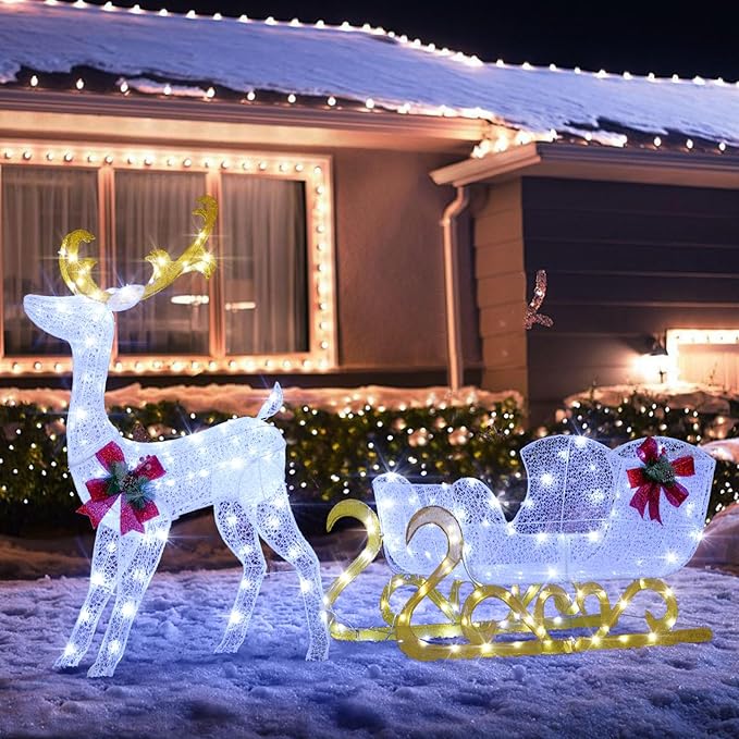 Tangkula 6 FT Christmas Lighted Reindeer & Santa’s Sleigh, Xmas Lighted Outdoor Yard Decoration with 215 LED Lights & 4 Ground Stakes, Artificial Christmas Décor for Indoor & Outdoor (Cold White)
