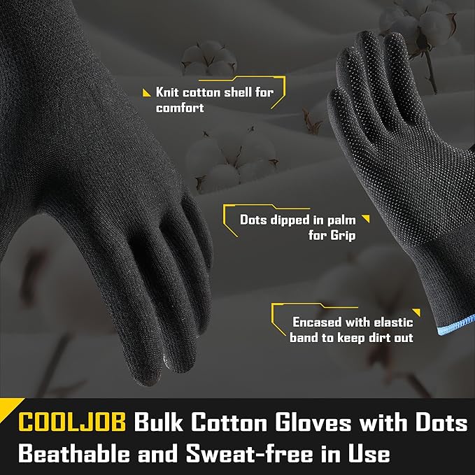 COOLJOB 12/60 Pairs Cotton Work Gloves with Non-Slip Grip Dots, Breathable Lightweight Gloves for Construction Gardening