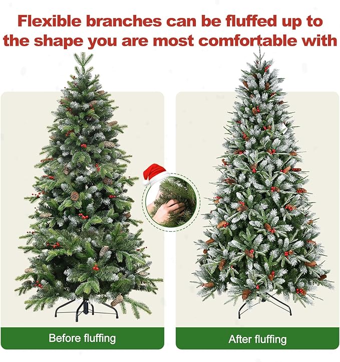 4 Ft Artificial Christmas Tree Pre-Decorated with Snow Flocked PVC&PE Tips, Pine Cones, Red Berries, Unlit Xmas Tree with Metal Stand for Hoilday Office Outdoor Christmas Decoration(Green White)