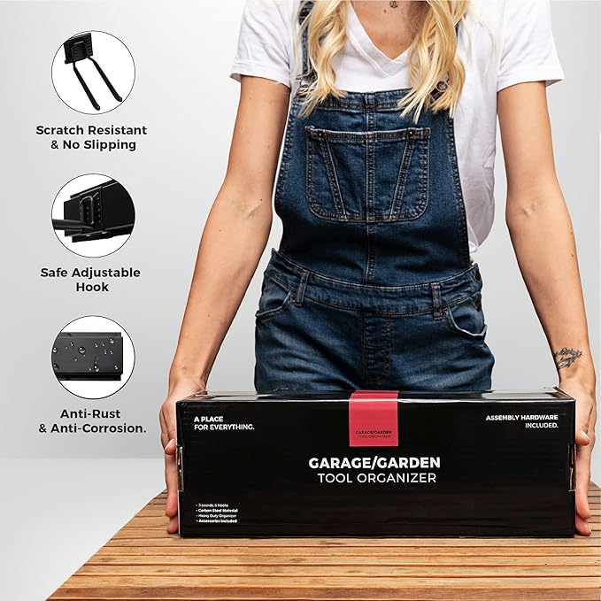 TIDYME Garage Tool Organizer Wall Mount - 48 inches - Sturdy Storage Rack with Adjustable Hooks, Anti-Rust - Easy Installation, 300lbs Capacity - Garden Tool Organizer (03 Racks & 06 Hooks)