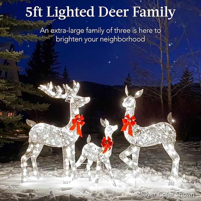 Best Choice Products 3-Piece Large Lighted Christmas Deer Family Set 5Ft Outdoor Yard Decoration with 360 LED Lights, Stakes, Zip Ties - White