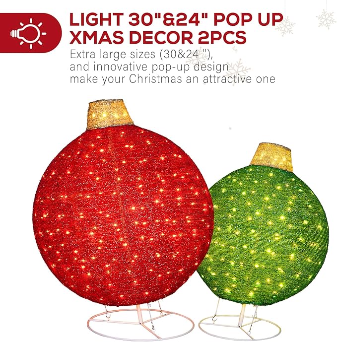 Hykolity 2 Pack 30" & 24" Pop-Up Iron Christmas Ornament Set, 350 Warm White LEDs with UL Transformer, 8 Light Functions & 18H Timer, Red & Green