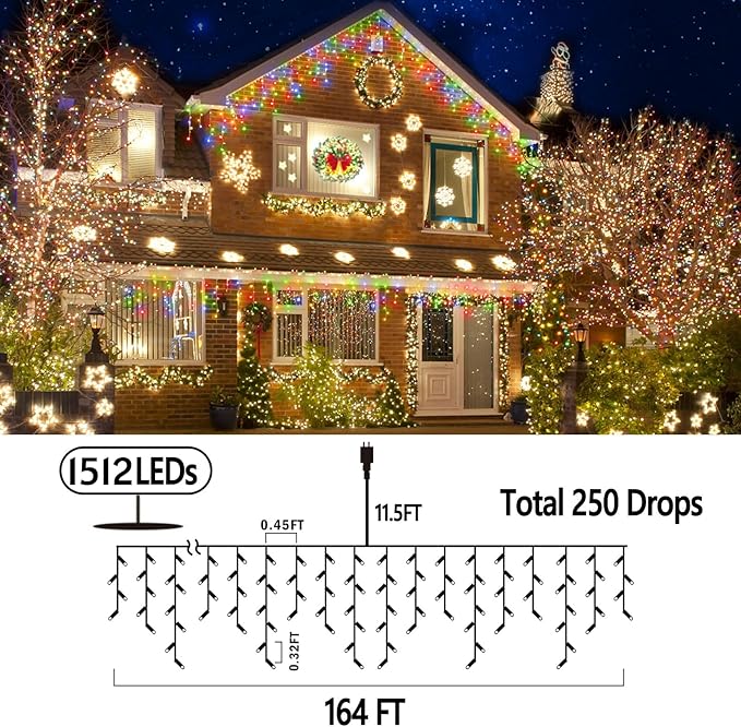 164FT Christmas Lights Outdoor Decorations 1512LED Fairy String Light 12 Lighting Modes with Timer Memory Waterproof Christmas Light for Yard Roof Party Holiday Wedding Garden Decor