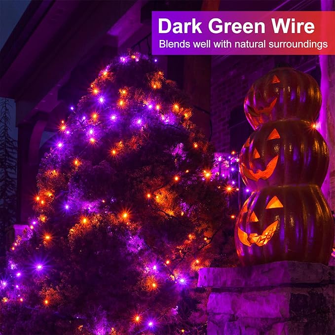 Purple Orange Halloween Lights Outdoor, 66FT 200 LED String Lights for Outside with 8 Modes Waterproof, Plug in Twinkle Tree Light Green Wire for Indoor Bedroom Garden Patio Party Decorations