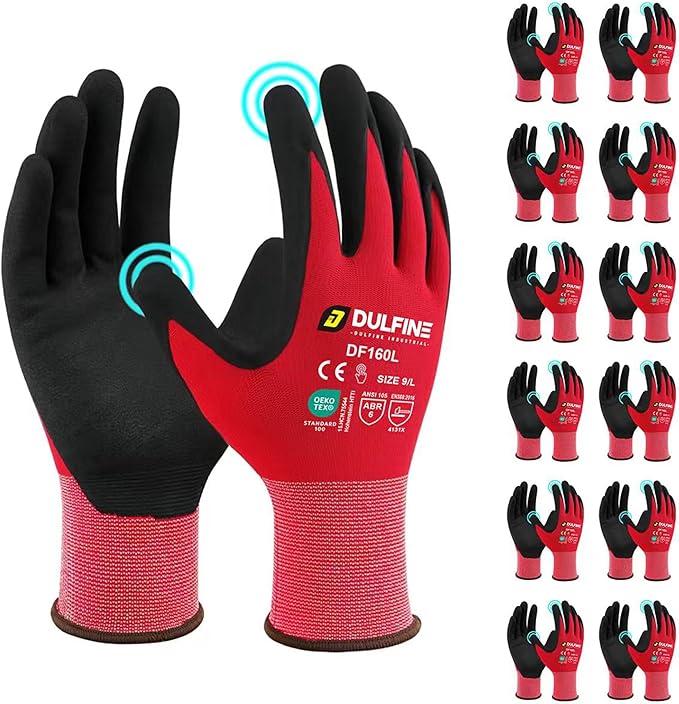 Safety Work Gloves MicroFoam Nitrile Coated-12 Pairs Pack,Red Seamless Knit Nylon Glove with Black Micro-Foam Nitrile Grip,Ideal for General Purpose,Automotive,Home Improvement,Painting(Medium)