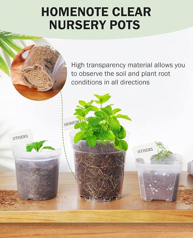homenote Clear Nursery Pots for Plants,5 Inch Plant Pot for Planting Plastic Seedling with Drainage Holes Seed Starter Flower High Transparency with 20 Labels (30 Pack)