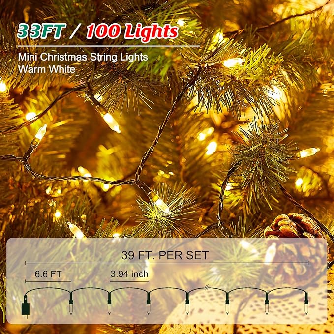 Minetom LED Christmas Lights for Indoor,39 FT 100 LED Christmas Tree Lights with Remote, USB Plug, Adapter, Warm White Mini String Light for Garland Wreath Home Garden Holiday Party Decorations
