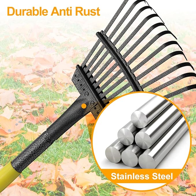 73" Leaf Rake- 11 Metal Tines 8.5" Wide- Small Leaves Rakes for Gardening- Adjustable Metal Leaf Rake for Picking Leaves Yard Women Kids Gardening RV Camping