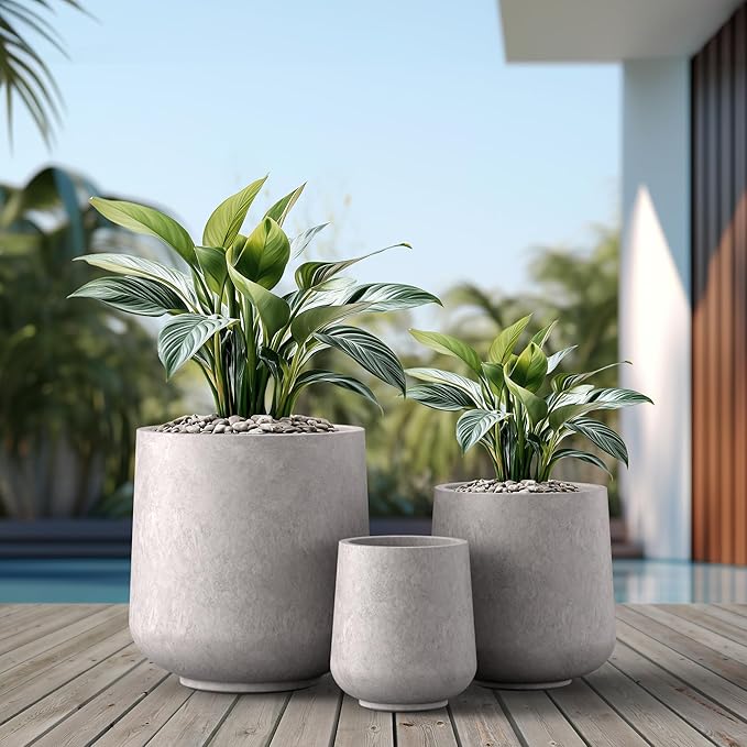 Kante 15.3"+11.6"+8.2" Dia Round Concrete Planter, Large Outdoor Indoor Planter Pots Containers with Drainage Holes and Rubber Plug for Home Garden Patio, Light Gray