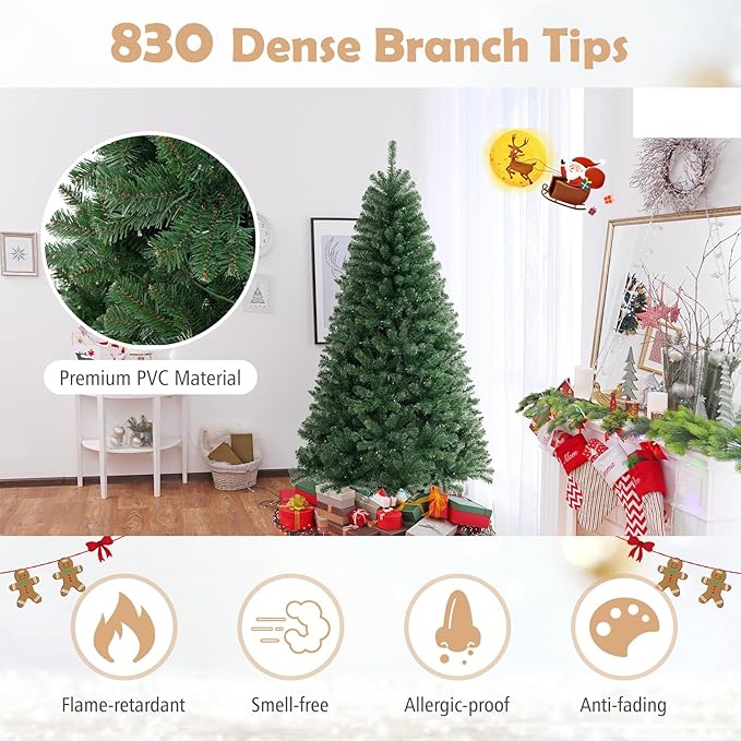 GOFLAME 7FT Prelit Artificial Christmas Tree, Hinged Xmas Tree with 830 Branch Tips, 250 Warm White LED Lights, 8 Lighting Modes, Holiday Decoration Tree for Home Office Party