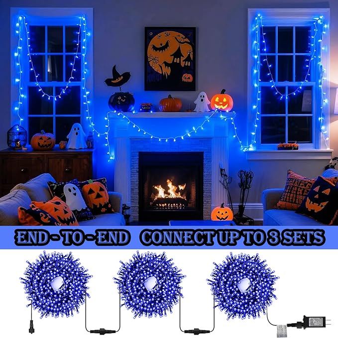 Decute Christmas String Lights Waterproof 300LED 105FT UL Certified with End-to-End Plug 8 Modes, Outdoor Indoor Starry Fairy Lights for Christmas Tree Patio Garden Wedding Party Decor Blue