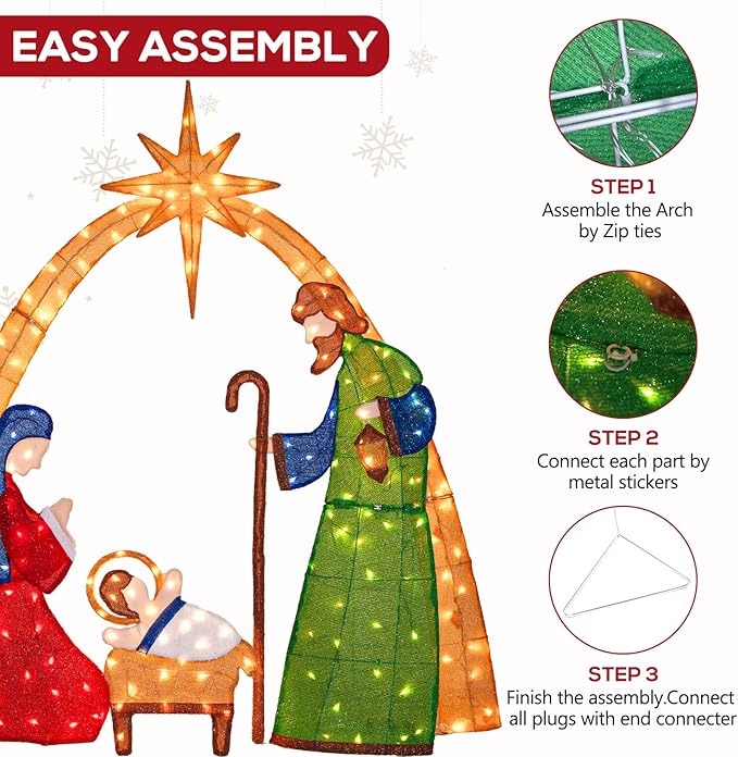 Hykolity 6FT 2.5D Nativity Scene Lighted Outdoor Christmas Decoration, 210 Warm White LEDs with Outdoor Transformer, Stained-Glass Fabric Figures & 5ft Pull Cord, Yard Decor