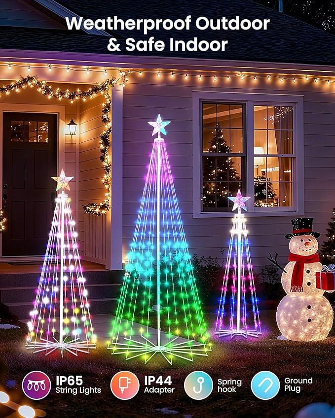 Christmas Cone Tree, 3 Pack 4/5/7FT 110/205/295 LEDs with Smart APP and Local Control, DIY Pattern and Text Displayable, IP65 Waterproof for Indoor Outdoor Decorations