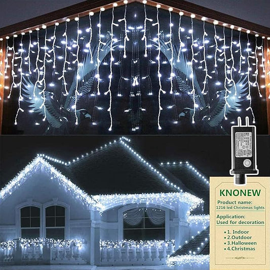 KNONEW 99FT 1216 LED Christmas Lights Outdoor Decorations 8 Modes White Curtain String Light with 228 Drops, Clear Wire LED String Light Indoor Decor for Wedding Party Holiday Christmas