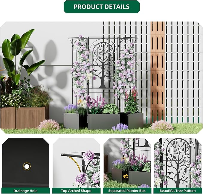 Metal Planter Box with Trellis and Cover, Raised Garden Bed with Trellis Privacy Screen, 62 inch Tall Planter Boxes for Climbing Plants, Flowers, Vegetables, Fruits, Balcony and Patio Decor (Black)
