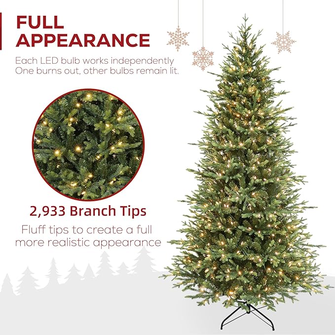 Hykolity 7.5 ft Prelit Artificial Christmas Tree, 2933 PE&PVC Branch Tips, 450 Warm White LED Lights, Metal Stand and Hinged Branches