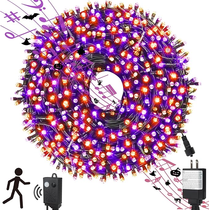 Chuya Halloween Light Decor Music Orange Purple Lights105FT 300 LED String Fairy Lights 6 Modes UL588 Waterproof Outdoor Indoor Decoration for Party Garden Christmas