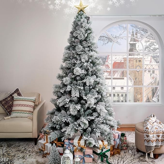 Darla 6.5ft Snow Flocked Rotating Christmas Tree with Star Projector, 35 Pine Cones, 674 Branch Tips, 300 Warm Lights and Rotating Base, 44" Wide Snowy Frosted Pine Christmas Tree with Lights