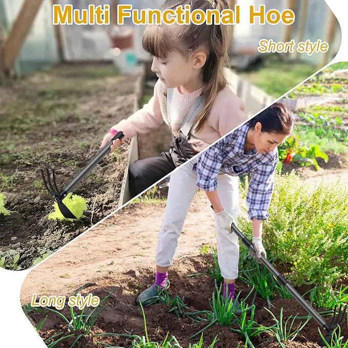 Garden Hoe, 2 in 1 Hand Hoe Garden Tools,45 Inch Long Handle,Garden Hoe and Cultivator for Weeding Cultivating Planting, Small Hand Rake Tiller for Flower Bed Gardening, Loosening Soil