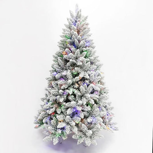 Pre-Lit Christmas Tree Artificial Snow Flocked Pine Tree Warm-White & Multicolored Lights, 8 Mode Functions,Metal Base,Home, Party Decoration 5FT