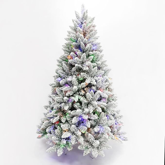 Pre-Lit Christmas Tree Artificial Snow Flocked Pine Tree Warm-White & Multicolored Lights, 8 Mode Functions,Metal Base,Home, Party Decoration 6FT