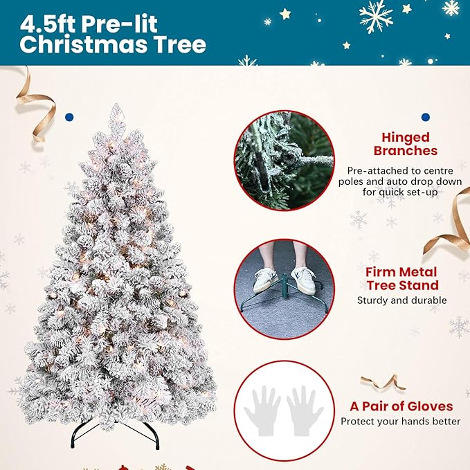 4.5 ft Prelit Flocked Christmas Tree with Pine Cones & 250 UL Lights, Snow Frosted Artificial Christmas Tree with Auto Hinged Branches for Holiday Decor