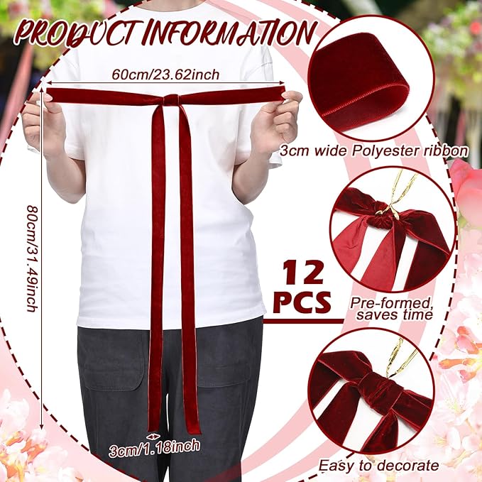 Janinka 12 Pcs Large Velvet Christmas Swag Bow 31.5 x 23.6 inch Rustic Velvet Staircase Wreath Bows Vintage Christmas Tree Topper Bows Large Bow for Outdoor (Wine Red)