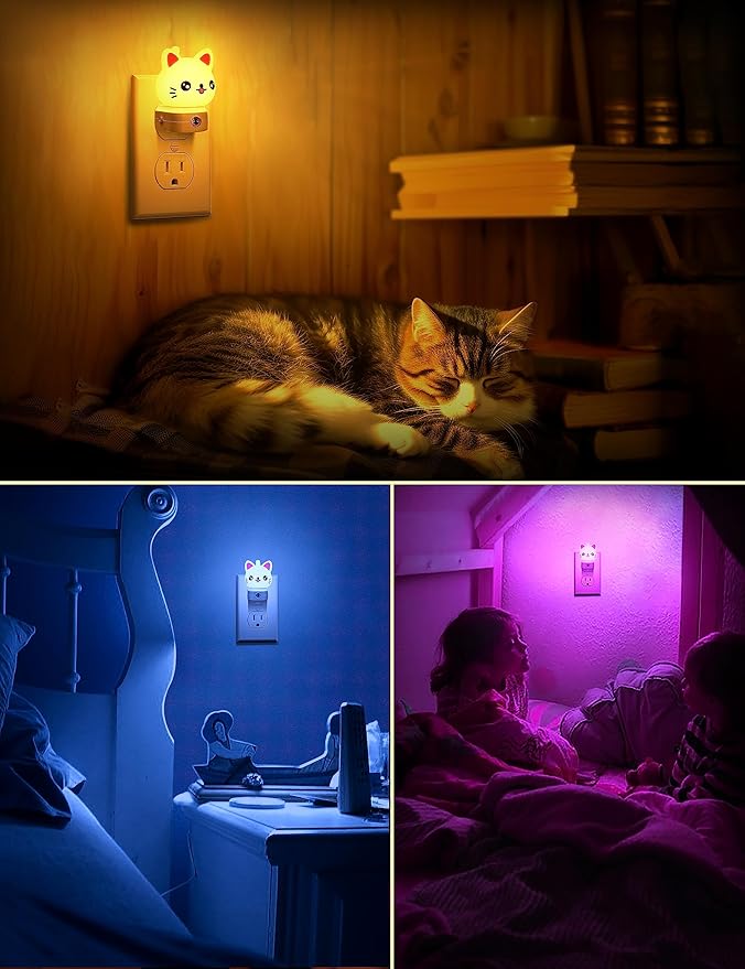 Cat Night Lights Plug Into Wall, Cute Night Light for Kids, 8-Color RGB LED Night Light with Dusk to Dawn Sensor, Nightlight for Kids Room, Bathroom, Bedroom Décor, Children Gift