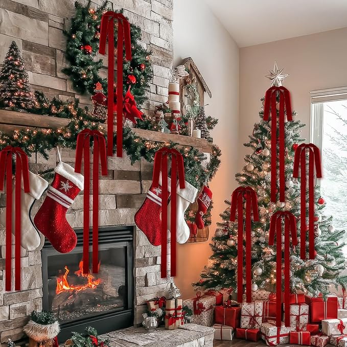 Janinka 12 Pcs Large Velvet Christmas Swag Bow 31.5 x 23.6 inch Rustic Velvet Staircase Wreath Bows Vintage Christmas Tree Topper Bows Large Bow for Outdoor (Wine Red)
