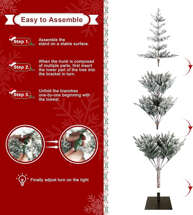 Glitzhome 7ft Deluxe Pre-Lit Flocked Artificial Christmas Tree Serene Snowscape Fir for Home, Office, Party Decoration with 400 Warm White Lights, Metal Hinges & Base, Easy Assembly