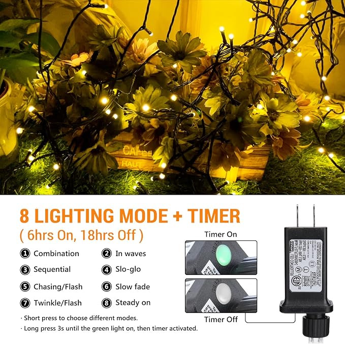 Toodour Christmas Lights Outdoor, 131ft 350 LED String Lights, Timer, Waterproof 8 Modes Outdoor Christmas String Light - Twinkle Light for Tree Home Garden Yard Wedding Party Xmas Decor(Warm White)