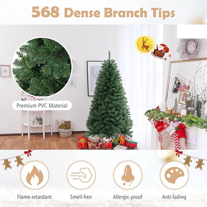 GOFLAME 6FT Prelit Artificial Christmas Tree, Hinged Xmas Tree with 568 Branch Tips, 200 Warm White LED Lights, 8 Lighting Modes, Holiday Decoration Tree for Home Office Party