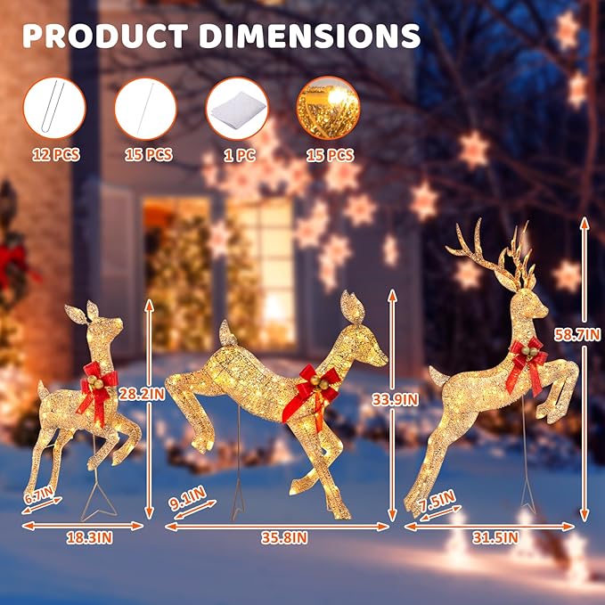 3-Piece Lighted Reindeer Christmas Decoration with 210 Warm White LED Lights, 5FT 3D Glittered Christmas Deer Family Set Outdoor Decorations, Plug in Deer Decor for Lawn Yard Patio Garden