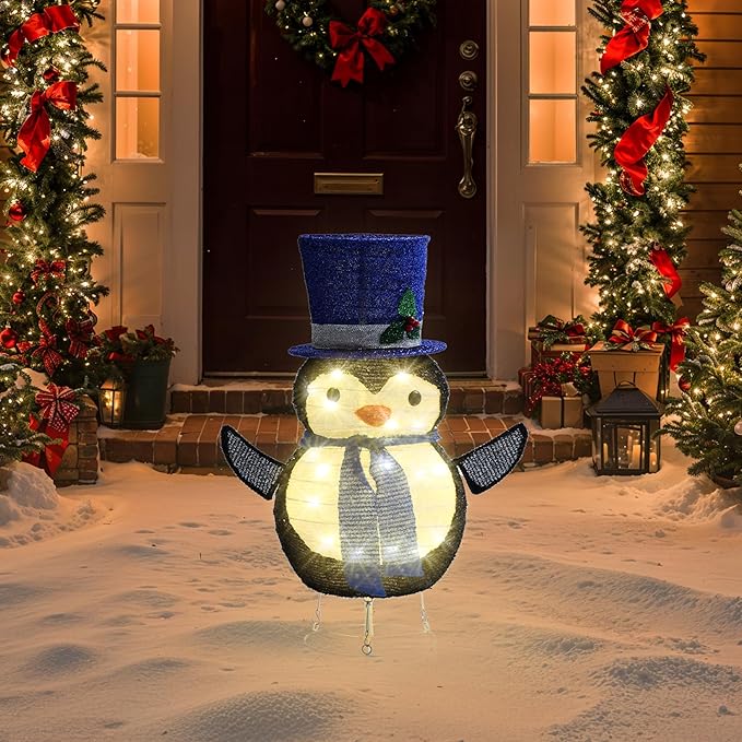 GENIMO Penguin Outdoor Christmas Decorations, 30 Lights Pop-up Lighted Warm White Light Pre-Lit Penguin with Hat for Holiday Decor Outside Indoor Home Lawn Yard Garden Patio Stakes(24 in)