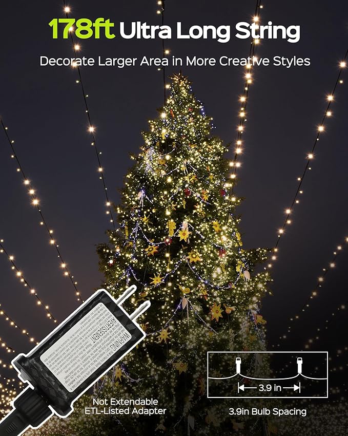 Super Long 500 LED 178FT Christmas Lights, Bright Bubble Led Christmas Tree Lights w/ 8 Modes & Memory, 2024 Upgraded Twinkle LED String Lights for Indoor Outdoor Xmas Party Decorations, Warm White