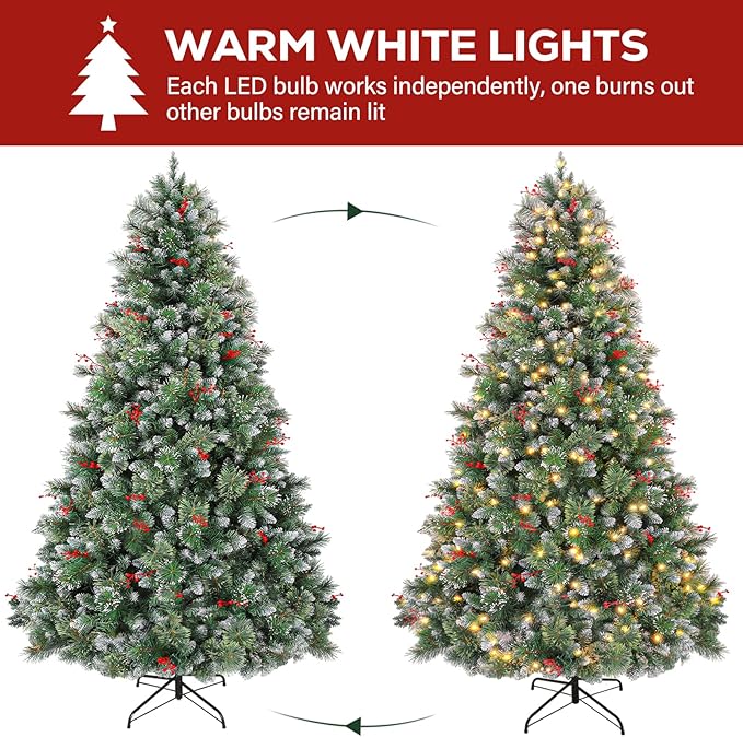 Hykolity 7.5 ft Prelit Snow Flocked Christmas Tree, Partially Frosted Xmas Pine Tree with Red Berries, 350 Warm White Lights, 1372 PVC Branch Tips, Metal Stand and Hinged Branches