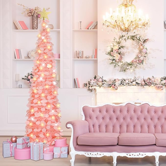 HMASYO 5 FT Pop Up Christmas Tree with Timer Lights, Pink Christmas Tinsel Tree, Collapsible Artificial Pencil Christmas Tree for Indoor Home Apartment Porch Holiday Party Decorations